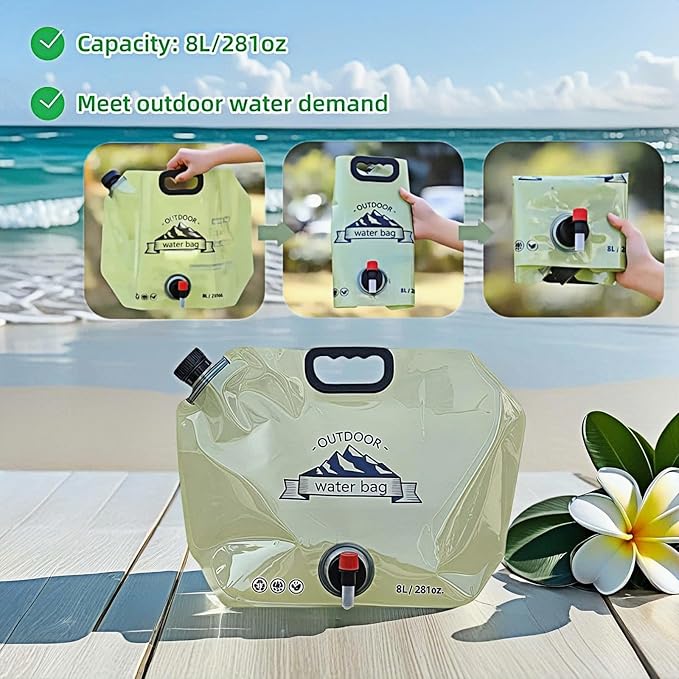 8L/281oz Outdoor Collapsible Water Jug BPA-Free w/Adjustable Faucet - Portable Leakproof Water Storage for Camping, Hiking, Travel & Emergencies (Light green)