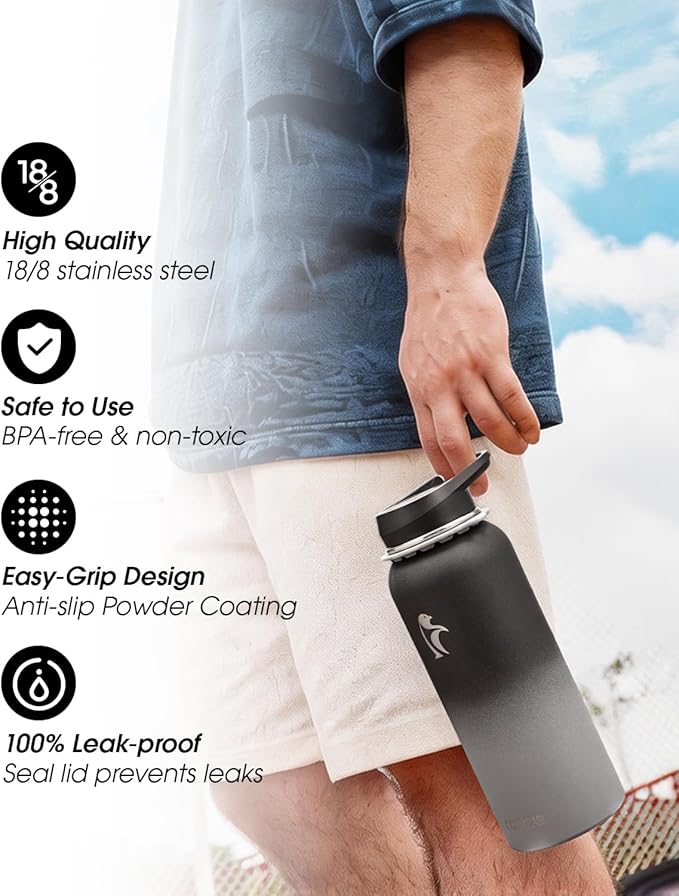 Coolflask Water Bottle with Straw, 40 oz Insulated Metal Water Flask with Straw & Spout Lids, Stainless Steel Double Wall Vacuum, Keep Cold 48h Hot 24h, Leak Proof, BPA-Free, Piano Night