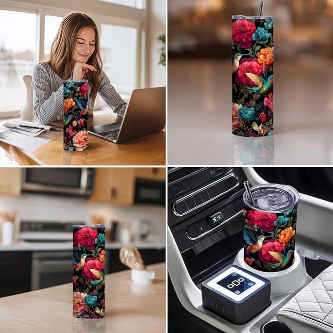 Firmiso 20 oz Tumbler | Skinny Insulated Travel Mug with Leak-proof Lid and Telescopic Straw | Hummingbird & Peony Stainless Steel Coffee Cup for Hot & Cold Drinks | Hummingbird Gifts for Women