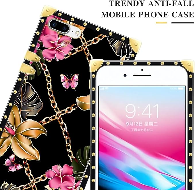 Compatible with iPhone 8 7 SE Case, Pink Golden Chain Tropical Flower Luxury Golden Decoration for Girl Women Soft TPU Shockproof Protective Hard PC Back for iPhone 8 7 SE