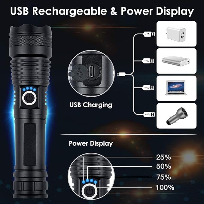 BERCOL Rechargeable Flashlights High Lumens, 90000 Lumens Super Bright LED Flash Light, 5 Modes, IPX5 Waterproof Handheld Flash Light for Home, Emergencies, Camping