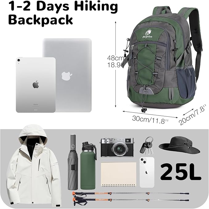 25L Small Hiking Backpack with Chest Strap for Men Women, Waterproof Travel Backpack Day Pack, Lightweight Padded Hiking Daypacks for Camping Traveling Outdoor Sports, Green