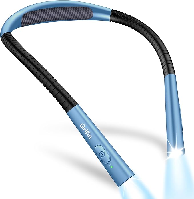 Gritin Book Light, Eye Caring 4-Color & 5-Brightness Neck Light Reading Light- Stepless Dimming,30-min Timer,80+ Hrs Runtime,Bendable Round Neck Design, Lightweight for Reading-Porcelain Blue