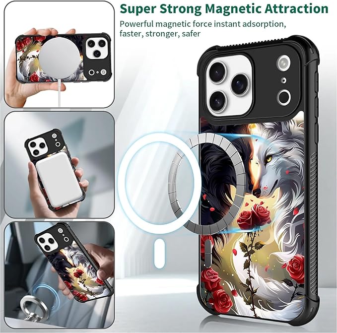 for iPhone 17 Pro Max Case,for MagSafe Graphic Design for Girl Boy Soft Silicone Hard Acrylic Shock Protection Designed for iPhone 17 Pro Max Black White Wolf Moon Flower Rose Pattern