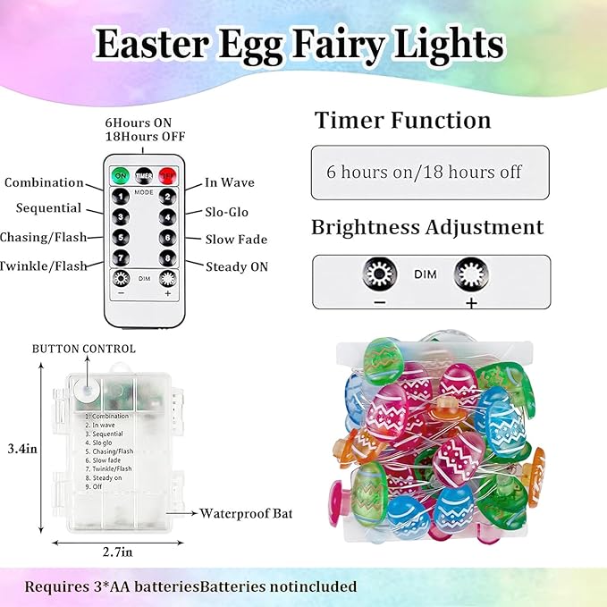 Easter Decorations Easter Egg Lights, Pastel Fairy Lights Battery Operated with Remote & 8 Modes & Timer, Waterproof Twinkle String Light Indoor Outdoor for Spring Themed Party Home Decor (Multicolor)