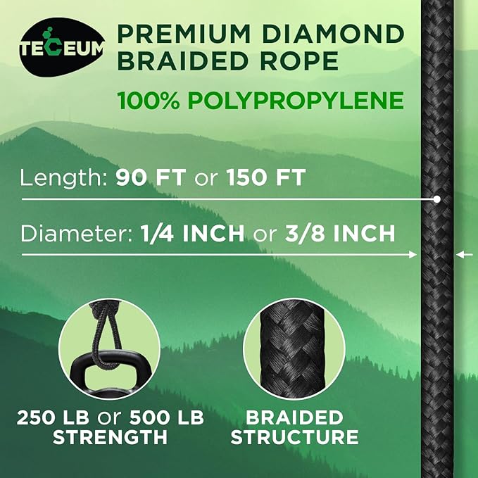 TECEUM Rope – 90 Feet x 3/8 Inch (10mm) – Black – Strong All-Purpose Utility Rope – Camping, Crafting, Flag Pole, Indoor & Outdoor – Polypropylene Nylon Poly Lightweight Diamond Braided Cord