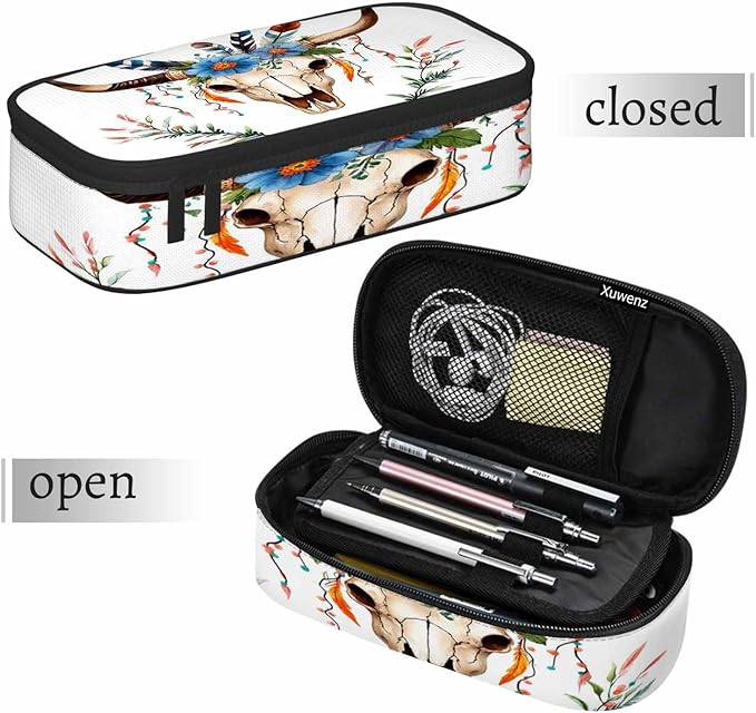 Cow Skull Pencil Holder Bag Bull Head Flowers Feathers Boho Style Pencil Case College Office School for Teens Boy Girl