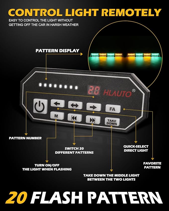 HLauto 604N Emergency Dash Strobe Lights: 2x16.8 inch Green Amber Security Light w/Take Down, 48 LED Safety Flashing Warning Hazard Interior Windshield Light Bar for Trucks Vehicles