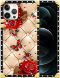 Compatible with iPhone 12 Pro Max Case, Shining Red Rose Butterfly Leather Background Luxury Golden Decoration for Girl Women Soft TPU Shockproof Protective Hard PC Back