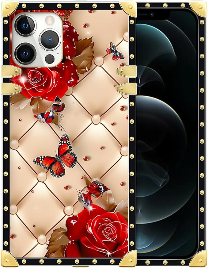 Compatible with iPhone 12 Pro Max Case, Shining Red Rose Butterfly Leather Background Luxury Golden Decoration for Girl Women Soft TPU Shockproof Protective Hard PC Back