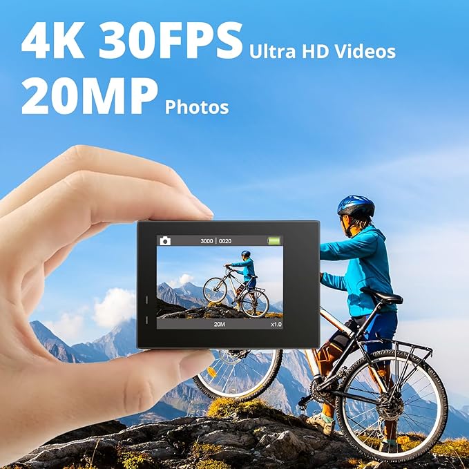 AKASO Brave 4 Action Camera 4K 30fps Ultra HD WiFi Sport Cameras with 170° FOV, Image Stabilization, 131FT Waterproof Underwater Camera with 2x1050mAh Batteries, Helmet Accessories Kit