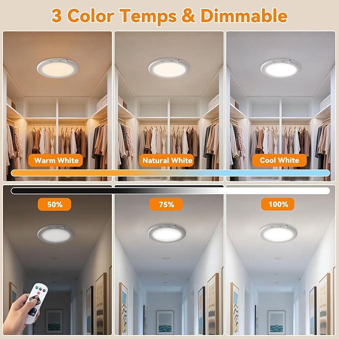 KYEKIO Rechargeable Ceiling Light 2Pack, 3 Color Magnetic Shower Lights with Remote, Wireless Dimmable Closet Light Battery Operated, LED Motion Sensor Lights for Pantry Shed Hallway Porch Stairs