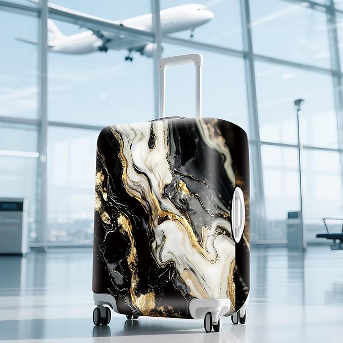 ANNA QUEEN Black White Gold Marble Luggage Cover- Stretchable, Water Resistant & Durable Suitcase Protector, Universal Washable Fit for 32-34 Inch Checked Baggage