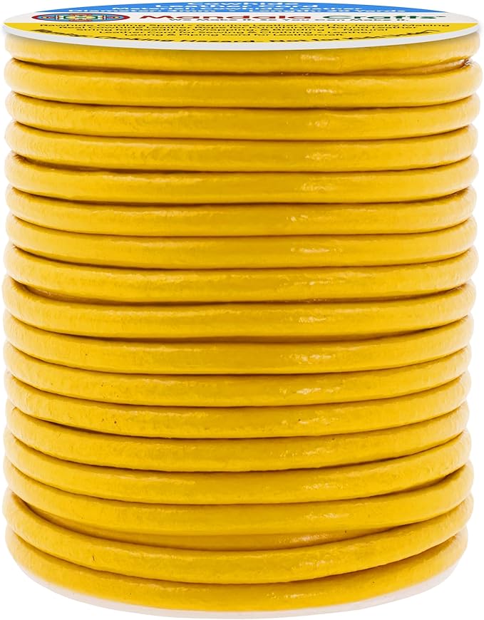 Mandala Crafts Round Genuine Mustard Yellow Leather Cord for Jewelry Making – 3mm Cowhide Leather Rope String Lace for Kumihimo – 20 Yards Cowhide Craft Cording Spool