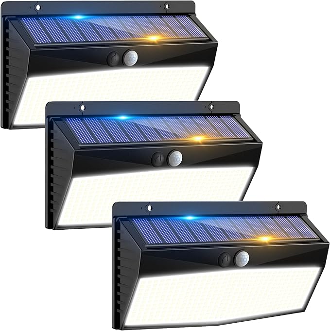 3 Pack 368 LED Solar Lights Outdoor Motion Sensor, Solar Fence Light with 3 Lighting Modes, Solar Powered Security Lights Waterproof for Outside Yard Wall Garden Backyard