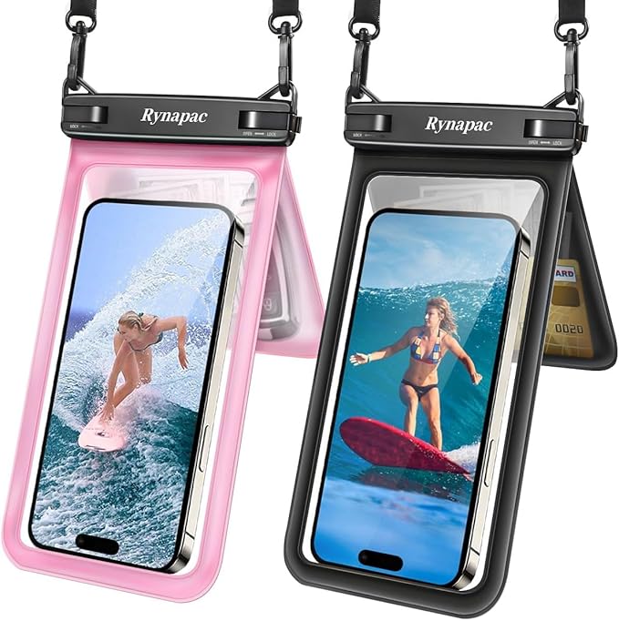 Rynapac IPX8 Waterproof Phone Pouch 2 Pack, [Up to 8.5''] Double Space Waterproof Phone Case with Lanyard for iPhone 17 16 15 14 Pro Max, Cellphone Dry Bag for Beach Vacation Cruise Essentials