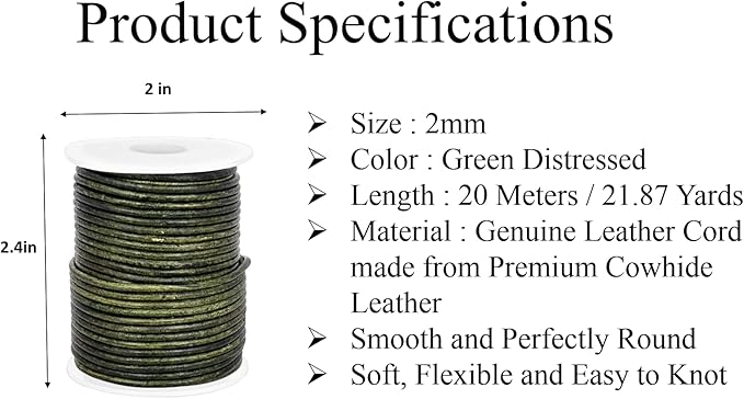 GENIQUE Real/Genuine Round Leather String Cord for Necklace, Bracelets, Jewelry, Kumihimo Braiding, DIY Projects (20 Metres) (2mm, Green Distressed)