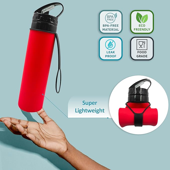 Collapsible Water Bottles 15oz, Odorless BPA-Free Silicone, Leak-Proof Foldable Reusable Bottle - Perfect for Cruise Travel Sports Gym Hiking Camping Cycling - Red