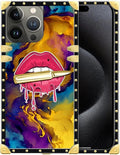 Compatible with iPhone 16 Pro Case, Cool Corlorful Lip Marble Luxury Golden Decoration for Girl Women Soft TPU Shockproof Protective Hard PC Back for iPhone 16 Pro