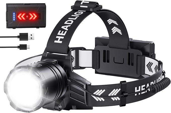 Super Bright Headlamp Rechargeable 99000 Lumens, 7 Modes Head Lamp, Zoomable Head Light for Forehead, 90° Adjustable Headlamps for Adults, Long Runtime & Waterproof Fishing, Camping