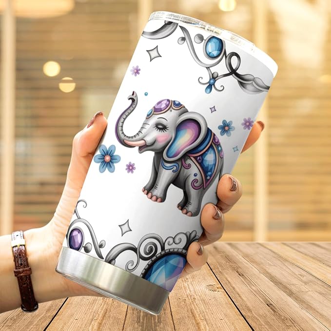 Cute Colorful Elephant With Floral Jewel Design Stainless Steel Tumbler For Lovers Women Gifts 20 Oz Heat Insulated Tea Hot Bottle Iced Coffee Outdoor Drink Travel Cool
