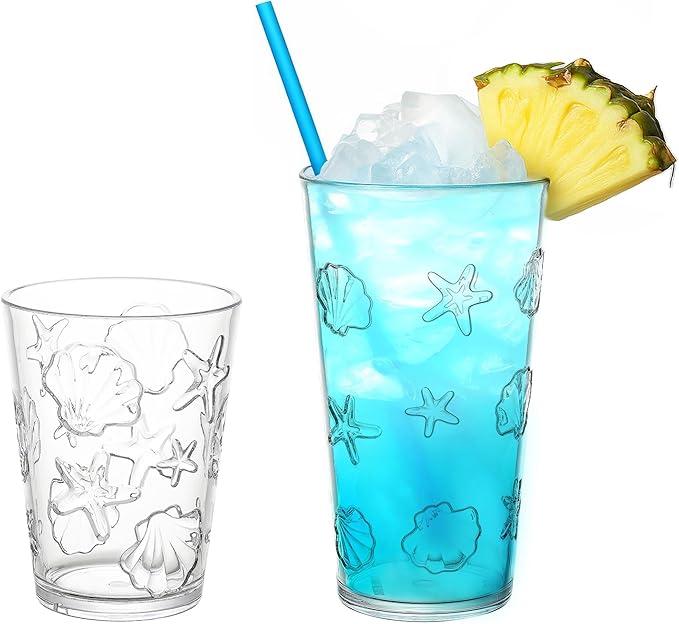 KLIFA- HAWAII series- 15.2 & 20.9 ounce, Set of 8, Sea World Acrylic Drinking Glasses, Shatter-proof Tumblers, BPA-Free, Stackable Plastic Drinkware, Dishwasher Safe Cups, Clear