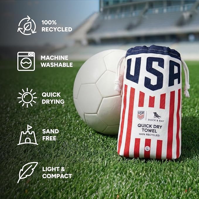 Dock & Bay Beach Towel - Quick Dry, Sand Free - Compact, Lightweight - 100% Recycled - Includes Bag - U.S. Soccer - Extra Large (200x90cm, 78x35)
