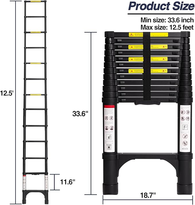 BOCOM 12.5 FT Aluminum Telescoping Ladder, Lightweight Multi-Purpose Collapsible Extension with 2 Triangle Stabilizers, Heavy Duty 330 lbs Max Capacity, Ideal for Home, RV, and Outdoor Work Black