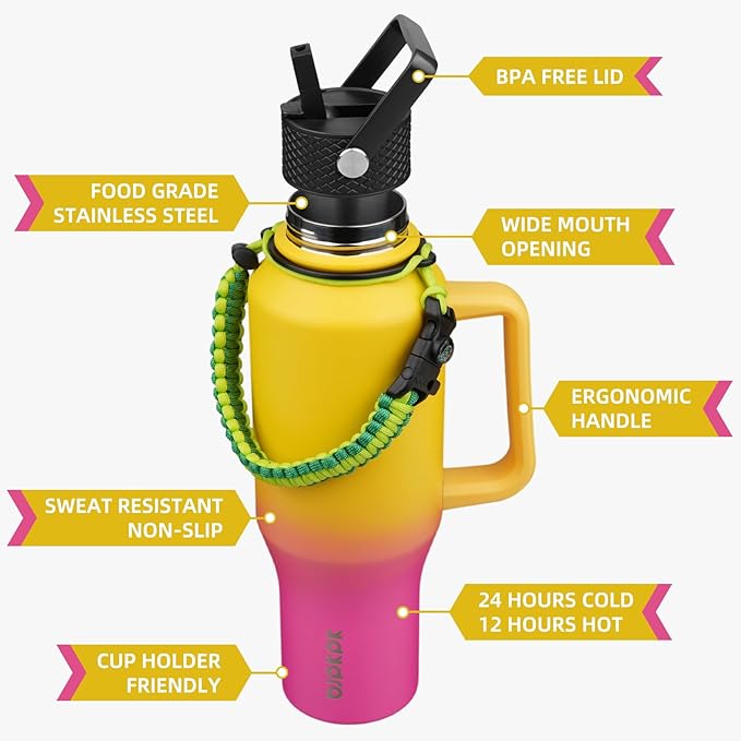 BJPKPK Insulated Water Bottles with Straw Lid, 35oz Metal Water Bottle with 2 lids & Paracord Strap, Double Wall Stainless Steel Tumbler with Handle, Reusable Cups, Mugs, Thermo, Pink & Yellow Rose