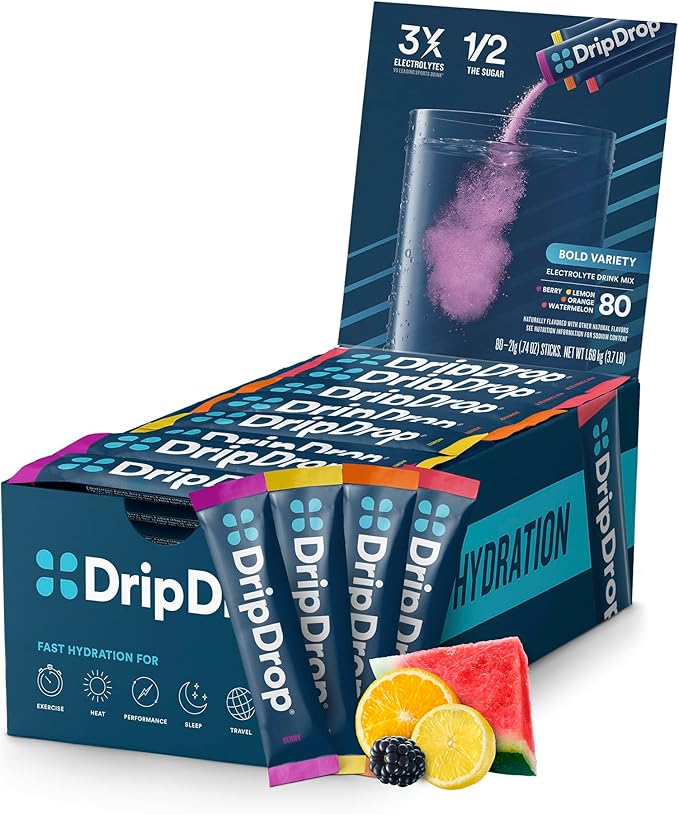 DripDrop Hydration Packets - Bold Variety Pack - Single Serve Electrolytes Powder Drink Mix - Watermelon, Berry, Lemon, Orange - Non-GMO, Gluten Free - 16OZ Serving Size - 80 Sticks - Value Pack