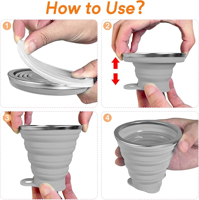 4-Pack Collapsible Silicone Cups with Lids, 9.22oz Portable Travel Drinking Cup with Stainless Steel Rim, 0.59" Thin Foldable Design for Theme Parks, Hiking, and Daily Use