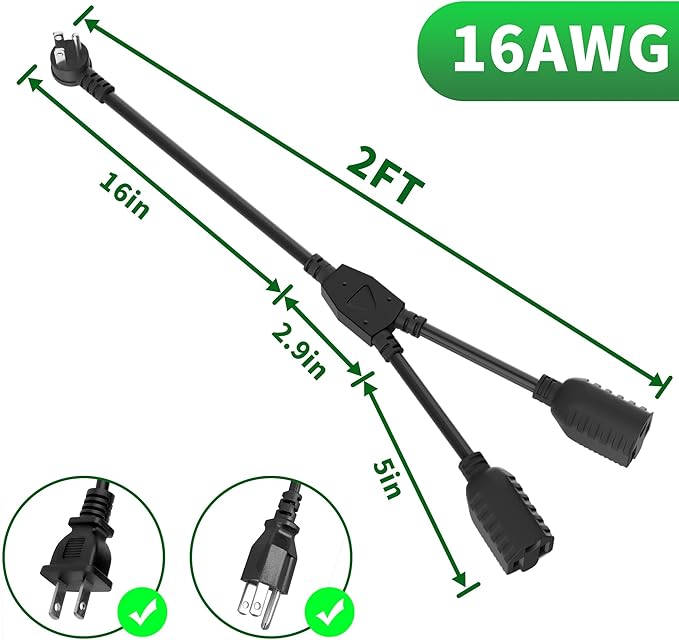 Elecan 3-Prong Y Splitter Power Extension Cord 2 Ft/2 Pack, 45-Degree Angled Flat Plug 1 to 2 Way Outlet Space Saver, Heavy Duty Weatherproof SJTW,16AWG 13A,5-15P Cable Extender for Indoor Outdoor-ETL