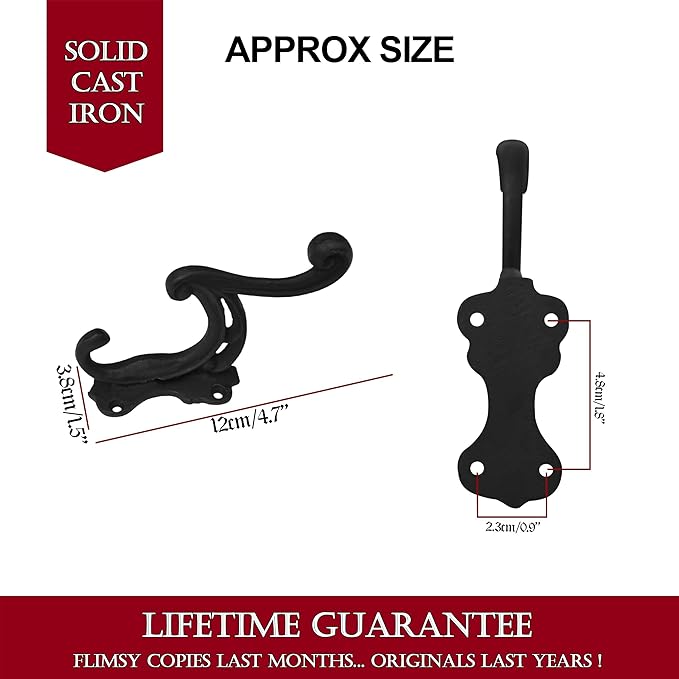 Mystic Colonial Rustic Cast Iron Wall Hooks Heavy Duty Vintage Utility Hooks for Hanging Coat, Bag, Towel, Robe, Hat & More Decorative Wall Mount Hanger, Pack of 2, Black