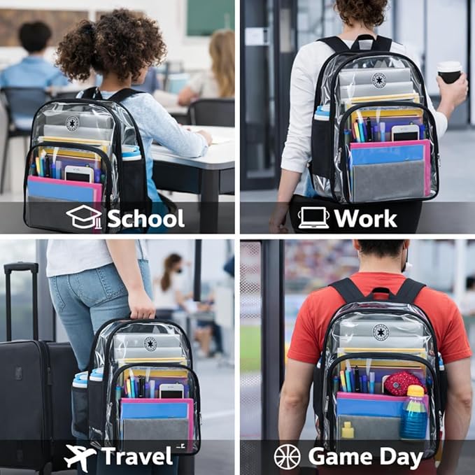 K-Cliffs Large Transparent Backpack Clear Heavy Duty School Bag Durable Student Bookbag See Through Vinyl Daypack Workbag