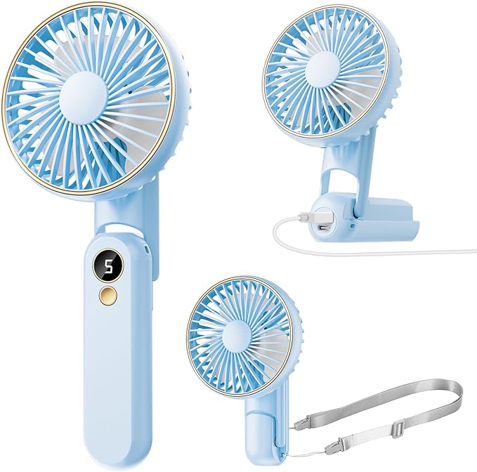Portable Handheld Fan, [Up to 15 Working Hours],180° Foldable Personal Fan, USB Rechargeable Mini Hand Fans for Travel/Summer/Outdoor/Office, 5 Speeds Adjustable, LED Display,Blue