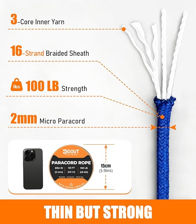 DDOUT 2mm Paracord 100lb, Thin Micro Paracord Rope, Blue 125FT Nylon Cord for Crafting, DIY Projects, Fishing, Camping & Outdoor