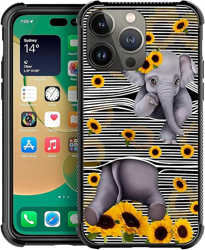 for iPhone 13 Pro Case, Cute Little Elephant Sunflower White Line Art Pattern Graphic Design Girl Boy Soft Silicone Hard Acrylic Shock Protection for iPhone 13 Pro