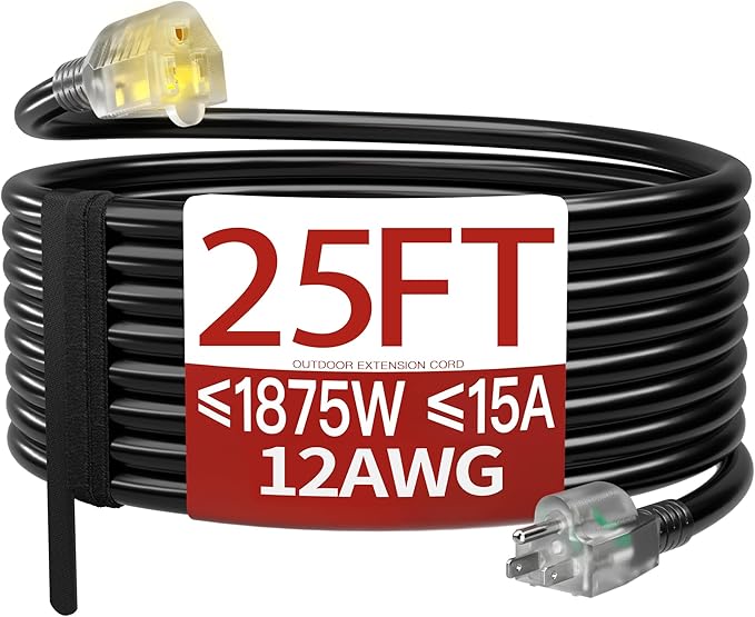 25 FT 12 Gauge Extension Cord Outdoor, Heavy Duty Weatherproof & Flame Retardant Black 3 Prong Power Cord with Light, Outside for Lawn & Garden, 15 Amps 1875 Watts 125 VAC 12AWG SJTW, ETL Listed