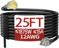 25 FT 12 Gauge Extension Cord Outdoor, Heavy Duty Weatherproof & Flame Retardant Black 3 Prong Power Cord with Light, Outside for Lawn & Garden, 15 Amps 1875 Watts 125 VAC 12AWG SJTW, ETL Listed