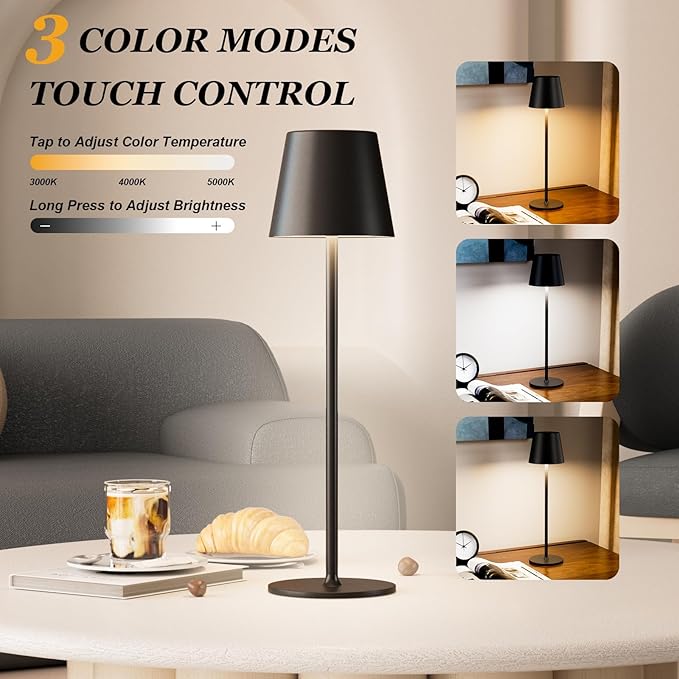 Kakanuo Cordless Table Lamp Rechargeable Black - KK 4 Pack Battery Operated Lamp for Dining Table, 3 Color Stepless Dimming Wireless Lamp for Counter, Outdoor Patio, Touch Control