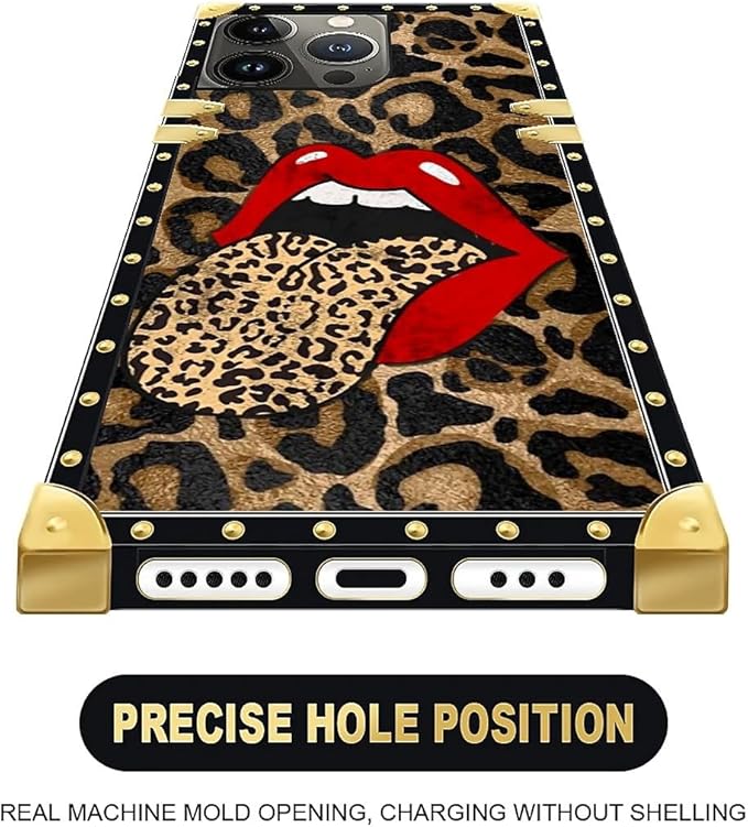 Compatible with iPhone 13 Pro Max Case, Brown Leopard Print Mouth Luxury Golden Decoration for Girl Women Soft TPU Shockproof Protective Hard PC Back for iPhone 13 Pro Max