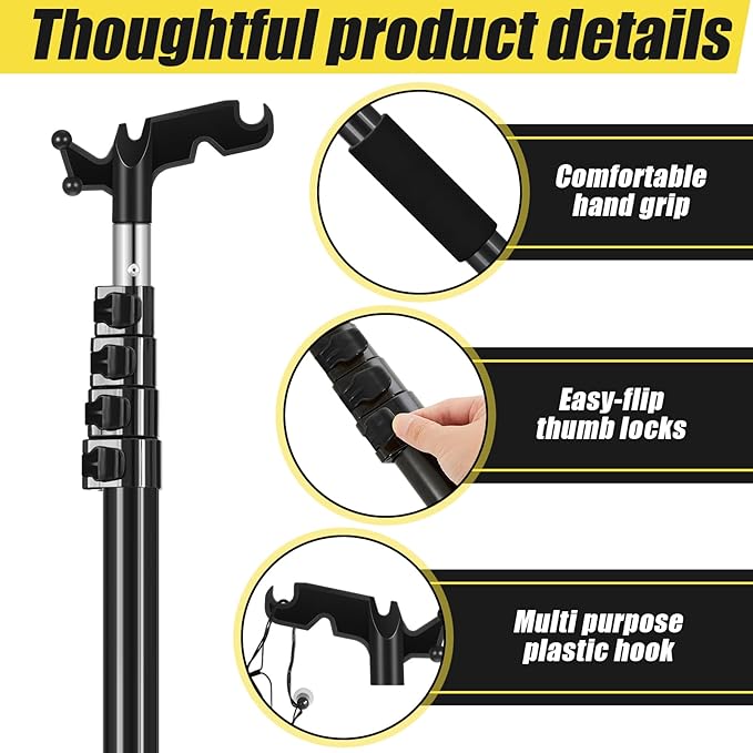 7-30 ft Telescopic Extension Pole with Utility Hook, Multi-Purpose Aluminum Pole for Painting, Dusting and New Year Window Cleaning Christmas Lights Installation Without a Ladder (Black)