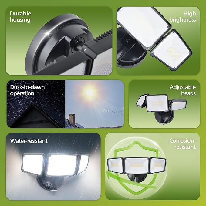 Philips 72W 7400LM LED Flood Lights Outdoor, Dusk to Dawn Aluminum Security Lights, 3 Adjustable Heads, Wall Mount, 5000K Daylight, Waterproof for Yard, Garage
