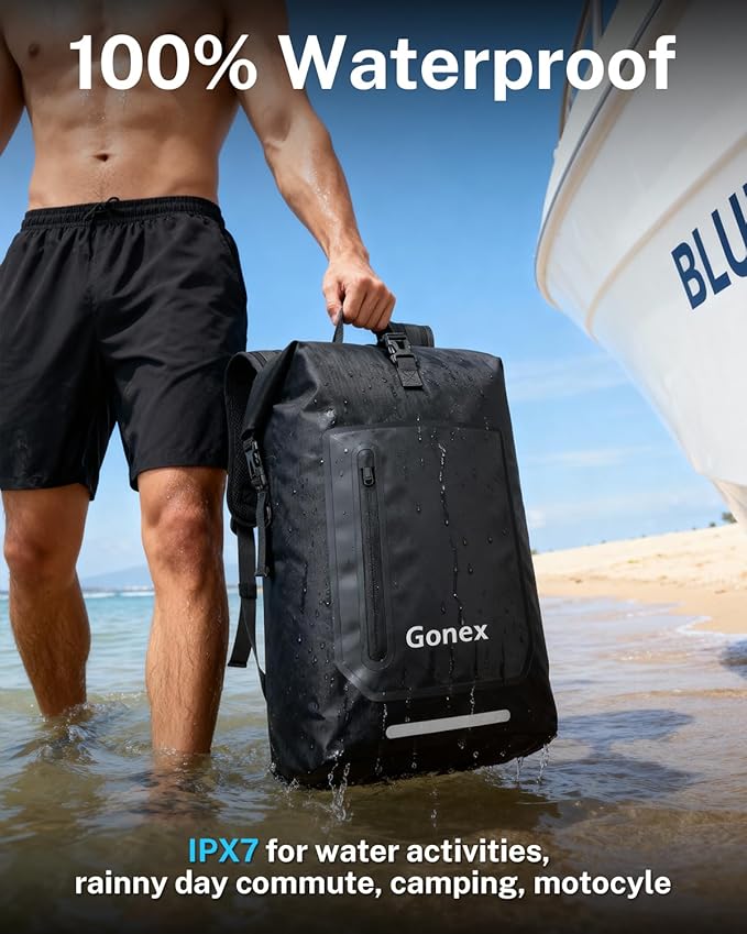 Gonex Ultralight Waterproof TPU Backpack, 55L Roll Top Dry Bag with Comfortable Padded Back Panel for Kayaking Boating Camping Fishing Travel,Black
