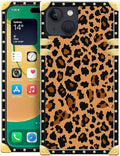 Compatible with iPhone 14 Case, Brown Leopard Texture Luxury Golden Decoration for Girl Women Soft TPU Shockproof Protective Hard PC Back for iPhone 14