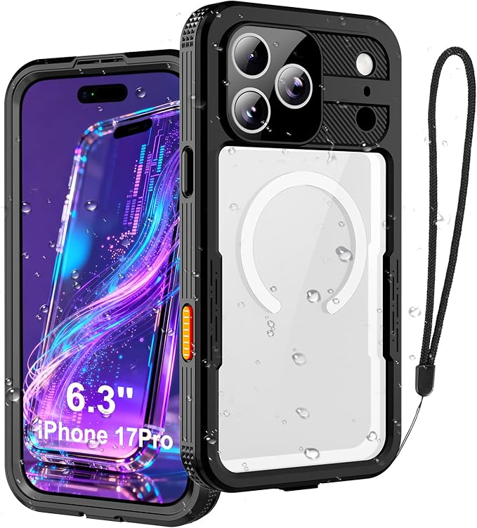 Phone Case for iPhone 17 Pro, IP68 Submersible [6.6FT] Military Grade Waterproof Shockproof with MagSafe Compatible Wireless Charging, Built-in Screen Protector for Swimming Outdoor Sports