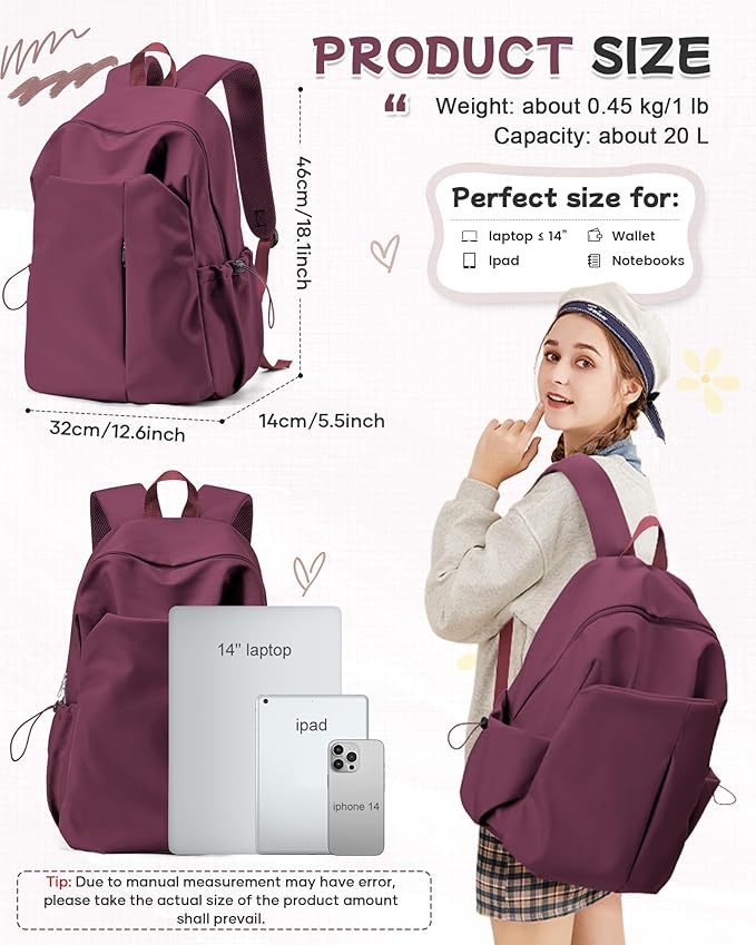 SEAFEW Red School Backpack for Girls Boys, Small Waterproof Bookbag for Women Men, College Student School Bag, Lightweight Travel Rucksack Casual Daypack,Laptop Backpacks