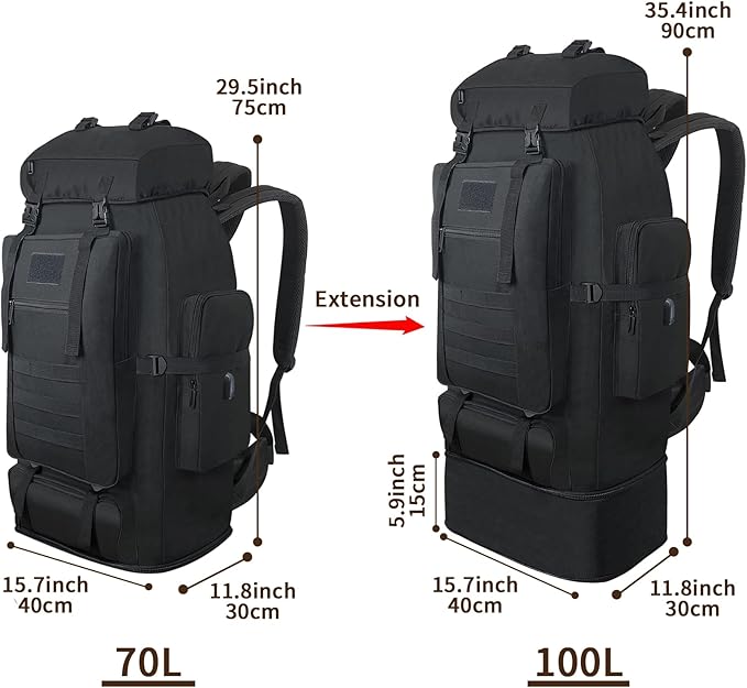 70L/100L Hiking Backpack with USB Charging Port, Expandable Large Military Tactical Backpack, Waterproof MOLLE Rucksack Travel Backpacking Daypack for Camping Climbing (Black)