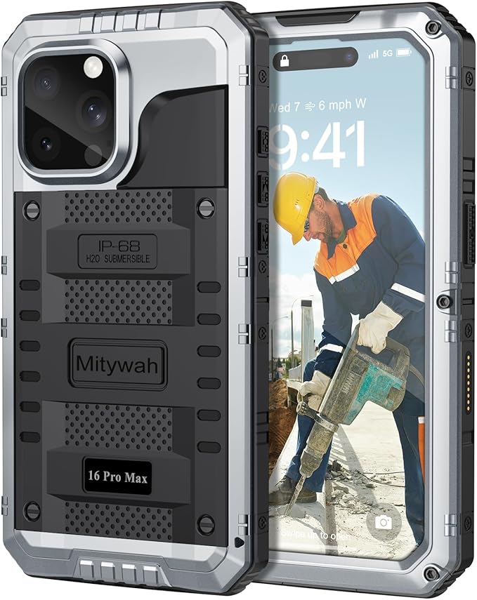 Mitywah Waterproof Case for iPhone 16 Pro Max, Heavy Duty Metal Cover with Built-in Screen Protector, Military Grade Full Body Shockproof Rugged Protective Phone Case 6.9 inch, Silver