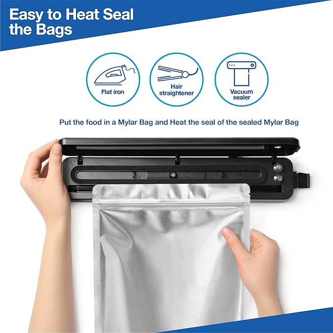 BELLE KR® 100 Pcs Assorted Mylar Bags for Food Storage With Oxygen Absorber 500cc - Large Mylar bags 1 Gallon (10x14), 7x10 & 5x8, 4x6 with 1 Side Clear - (25 Pcs Each) with 100 Labels